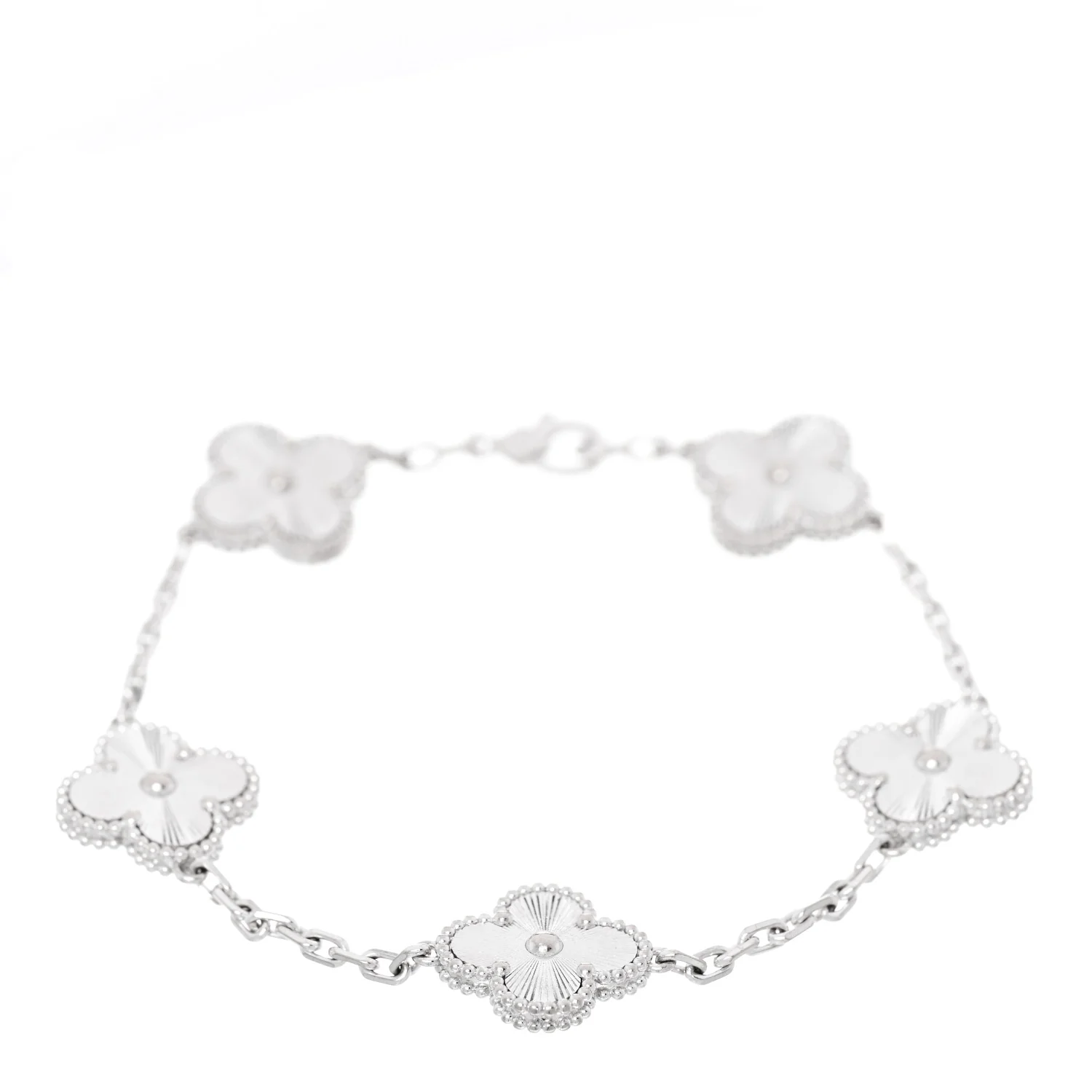18K White Gold 5 Motifs Guilloche Vintage Alhambra Bracelet