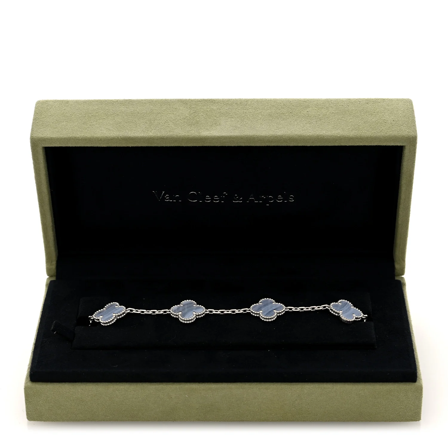 18K White Gold Chalcedony 5 Motifs Vintage Alhambra Bracelet - Image 4