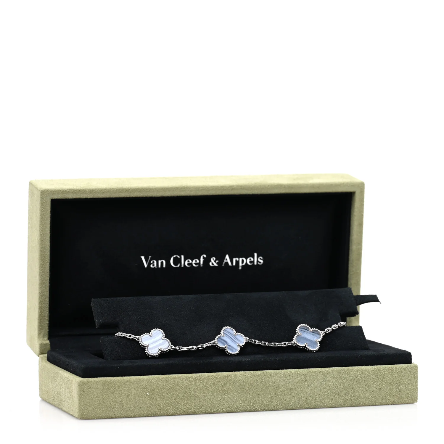18K White Gold Chalcedony 5 Motifs Vintage Alhambra Bracelet - Image 4