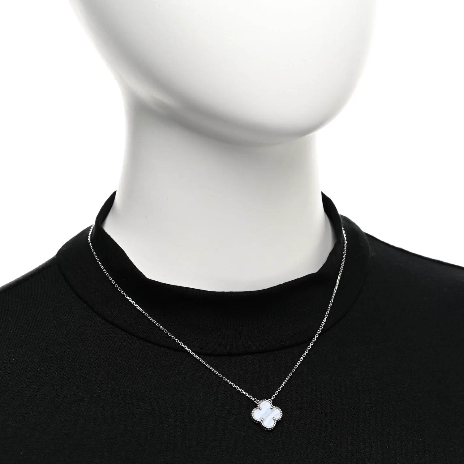 18k White Gold Chalcedony Vintage Alhambra Pendant Necklace - Image 2