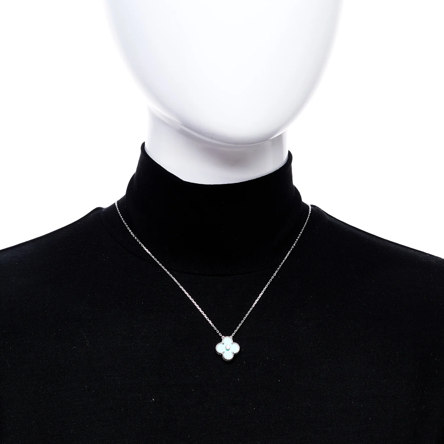 18K White Gold Diamond Celadon Green Sevres Porcelain Vintage Alhambra Pendant Necklace - Image 2