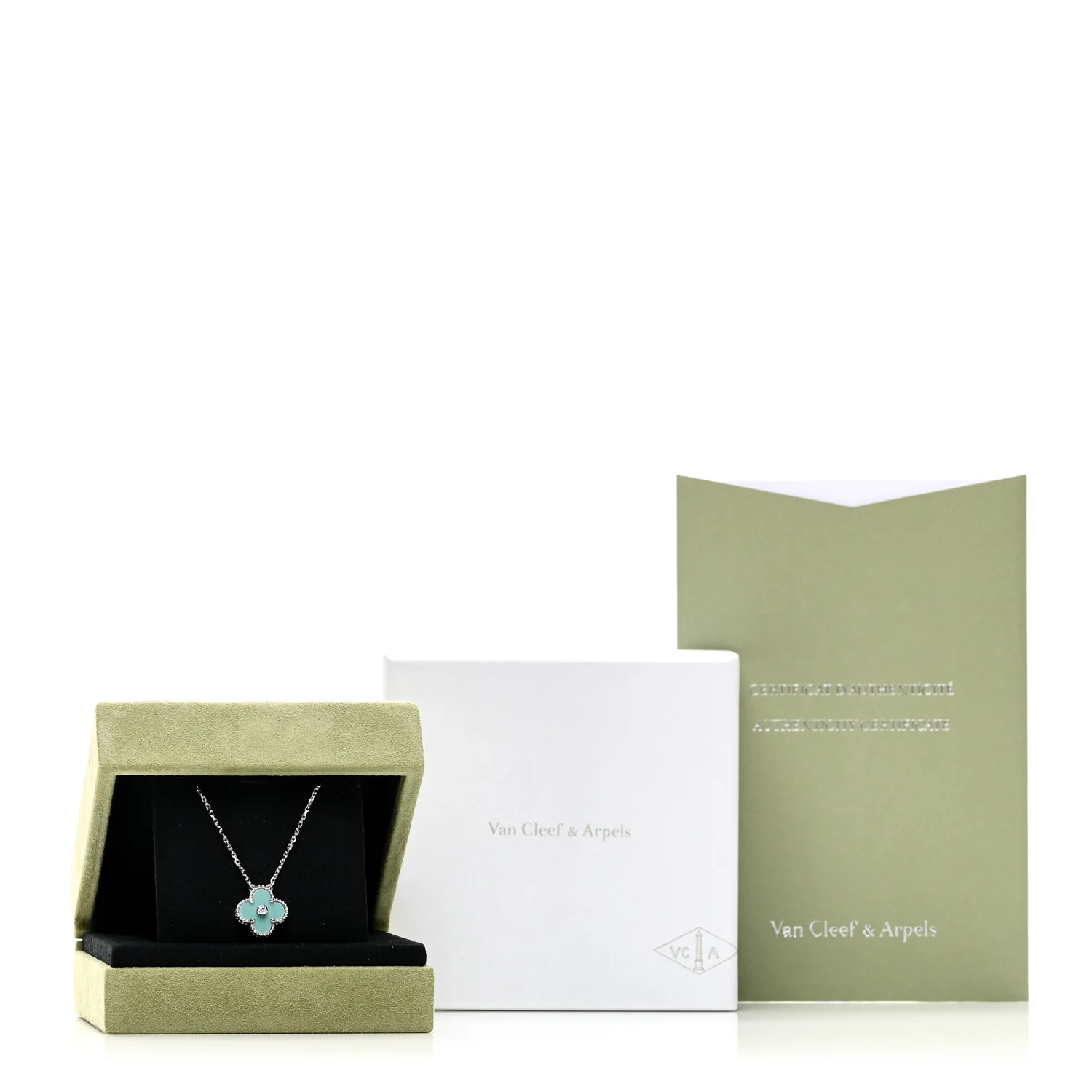18K White Gold Diamond Celadon Green Sevres Porcelain Vintage Alhambra Pendant Necklace - Image 6
