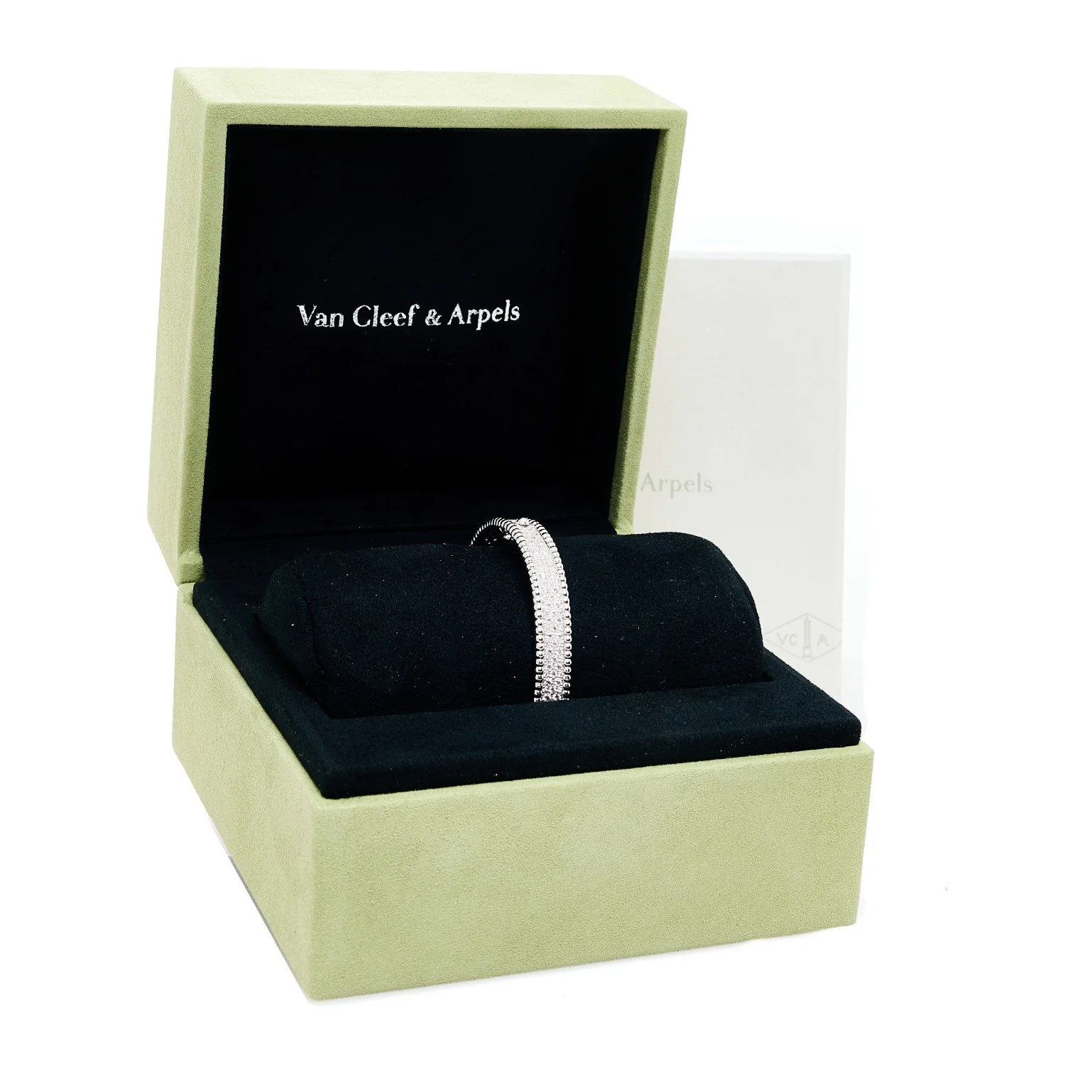 18K White Gold Diamond Perlee 3-Row Bangle Bracelet L - Image 4