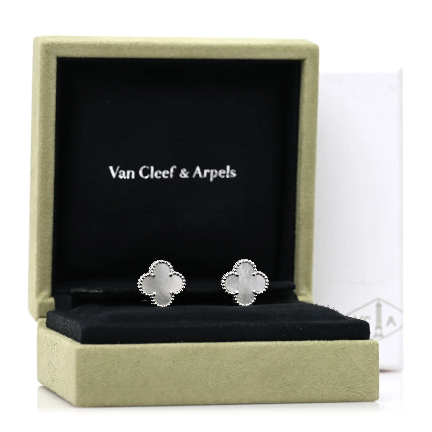 18K White Gold Mother of Pearl Vintage Alhambra Earrings - Image 5