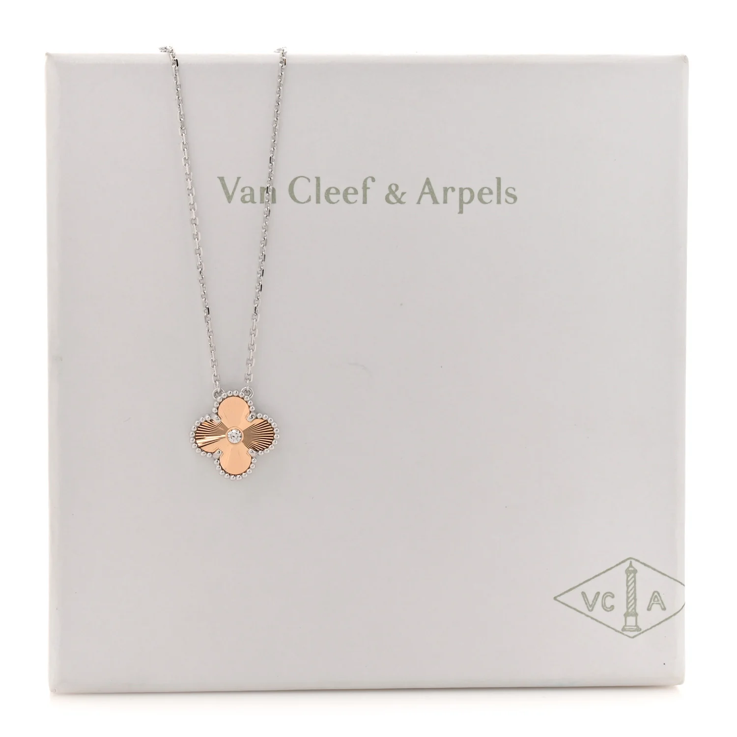 18K White Rose Gold Diamond Guilloche Vintage Alhambra Pendant Necklace - Image 7