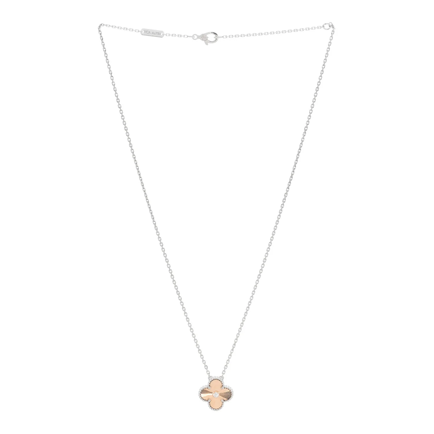 18K White Rose Gold Diamond Guilloche Vintage Alhambra Pendant Necklace - Image 3