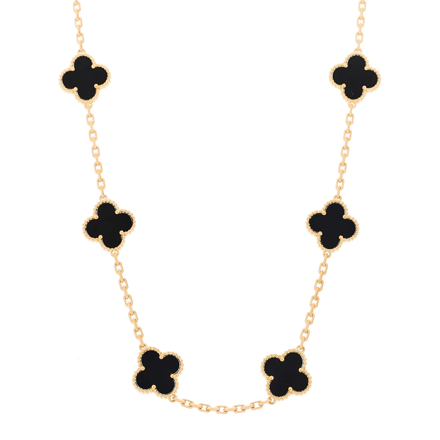 18K Yellow Gold Black Onyx 10 Motifs Vintage Alhambra Necklace
