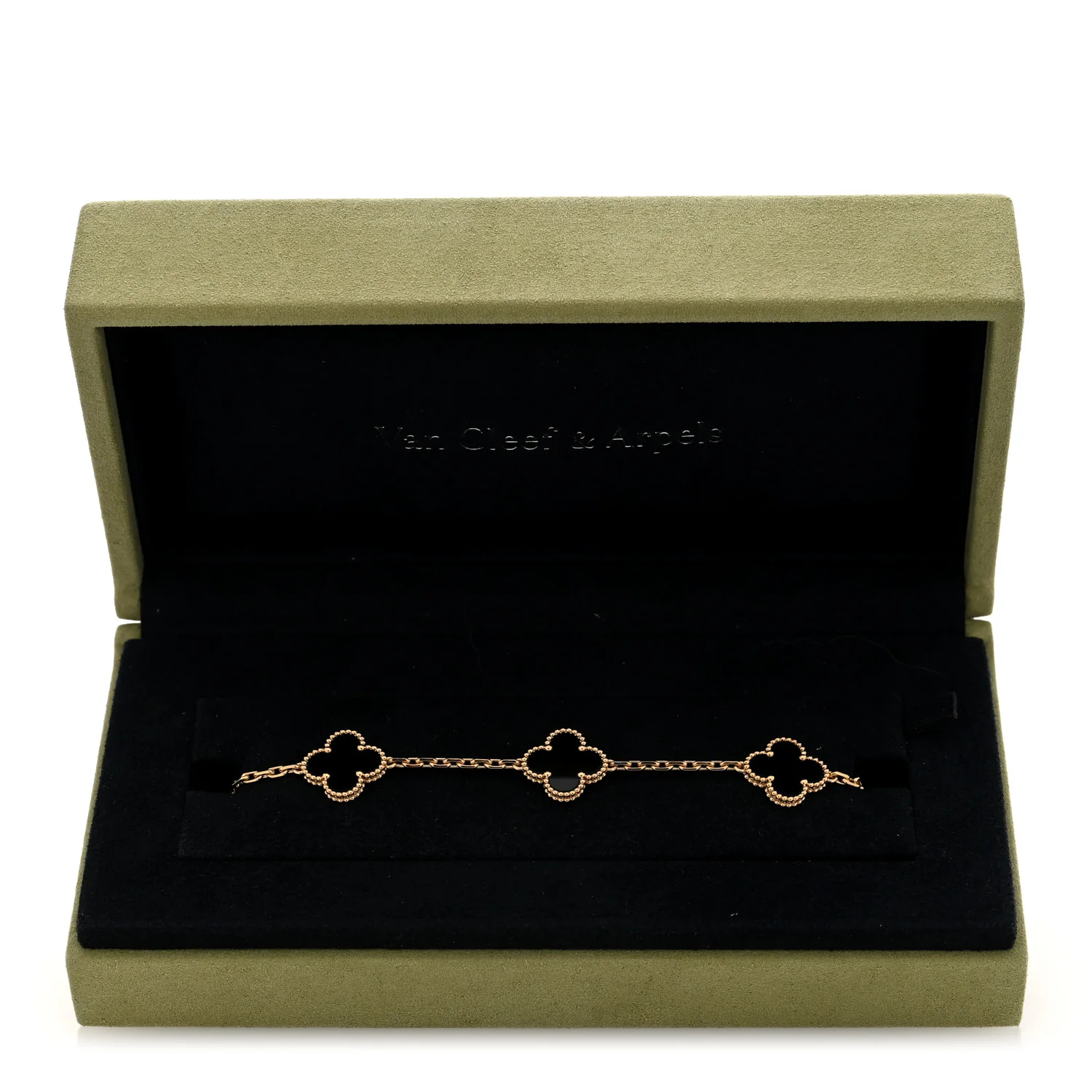 18K Yellow Gold Black Onyx 5 Motifs Vintage Alhambra Bracelet - Image 4