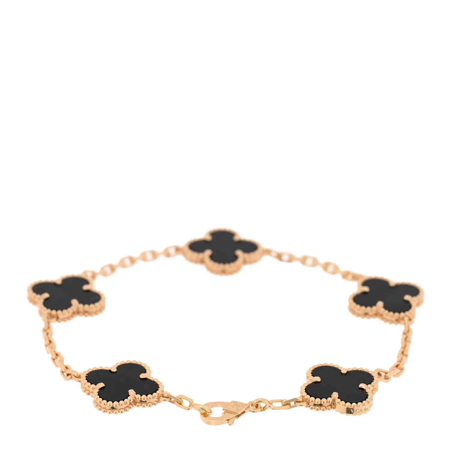 18K Yellow Gold Black Onyx 5 Motifs Vintage Alhambra Bracelet - Image 2
