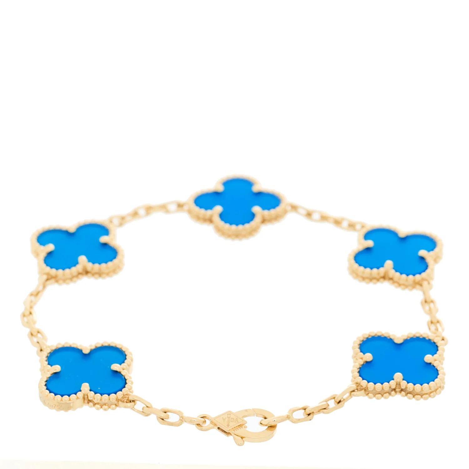 18K Yellow Gold Blue Agate 5 Motifs Vintage Alhambra Bracelet - Image 2