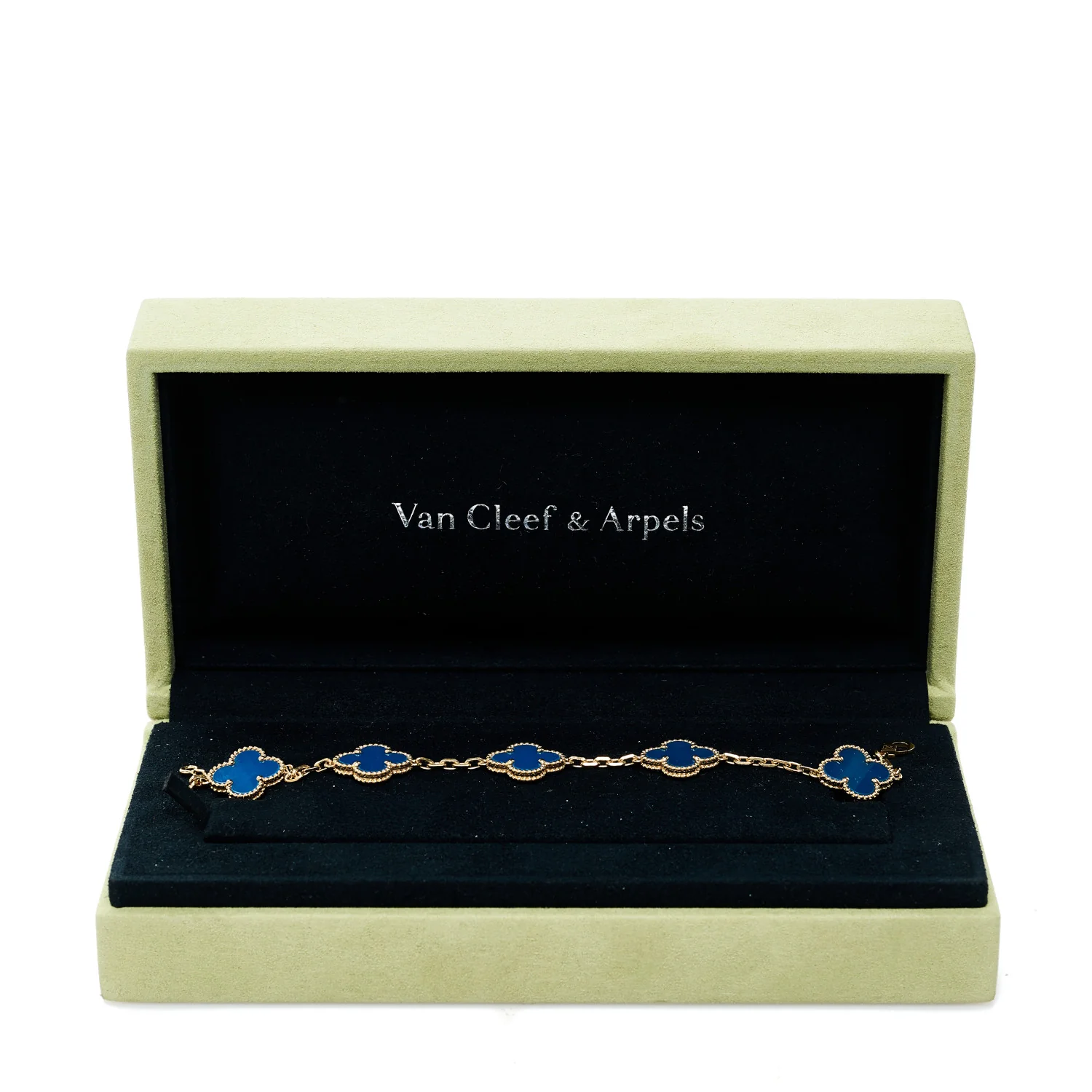 18K Yellow Gold Blue Agate 5 Motifs Vintage Alhambra Bracelet - Image 5