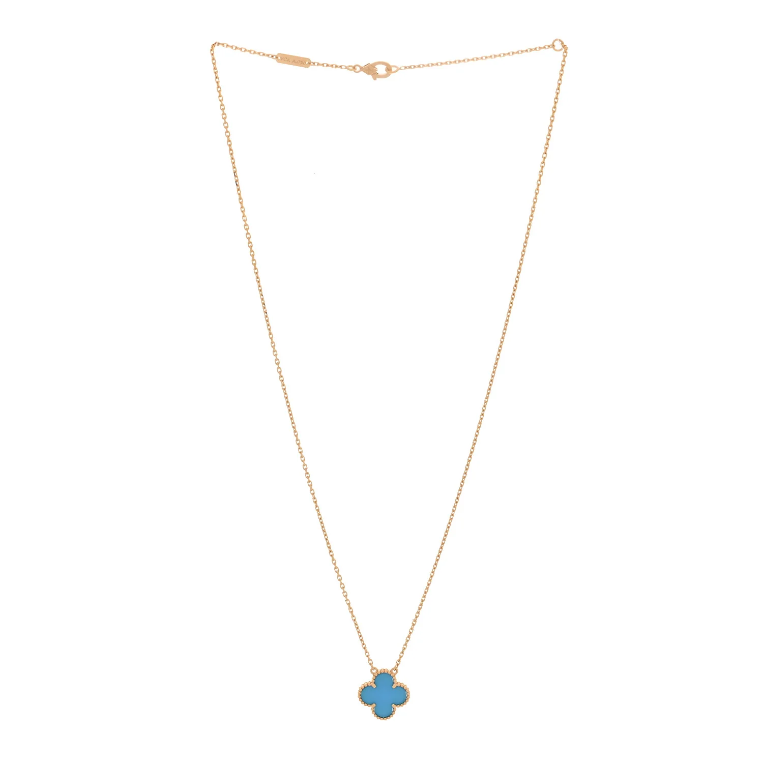 18K Yellow Gold Blue Agate Vintage Alhambra Pendant Necklace - Image 3