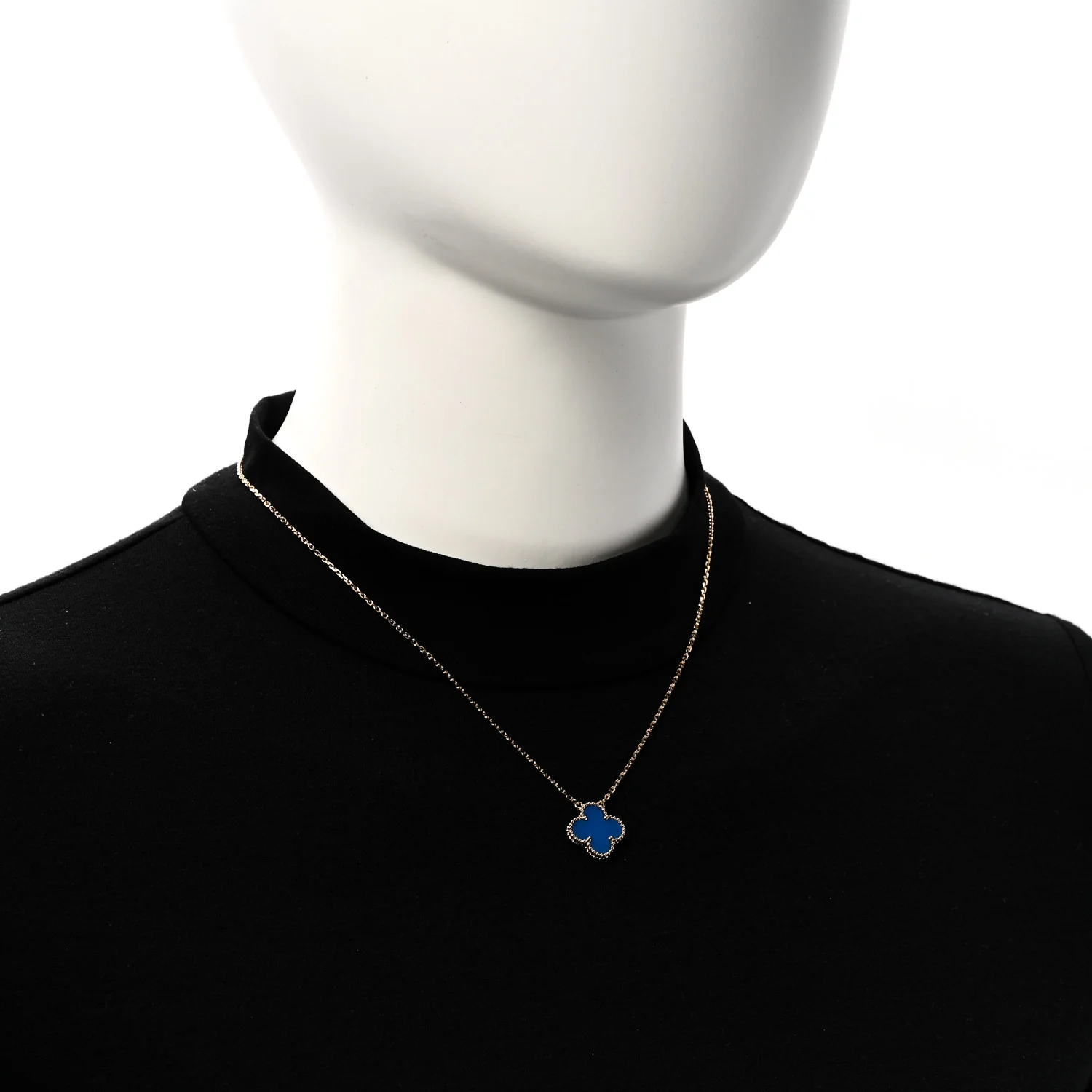 18K Yellow Gold Blue Agate Vintage Alhambra Pendant Necklace - Image 2