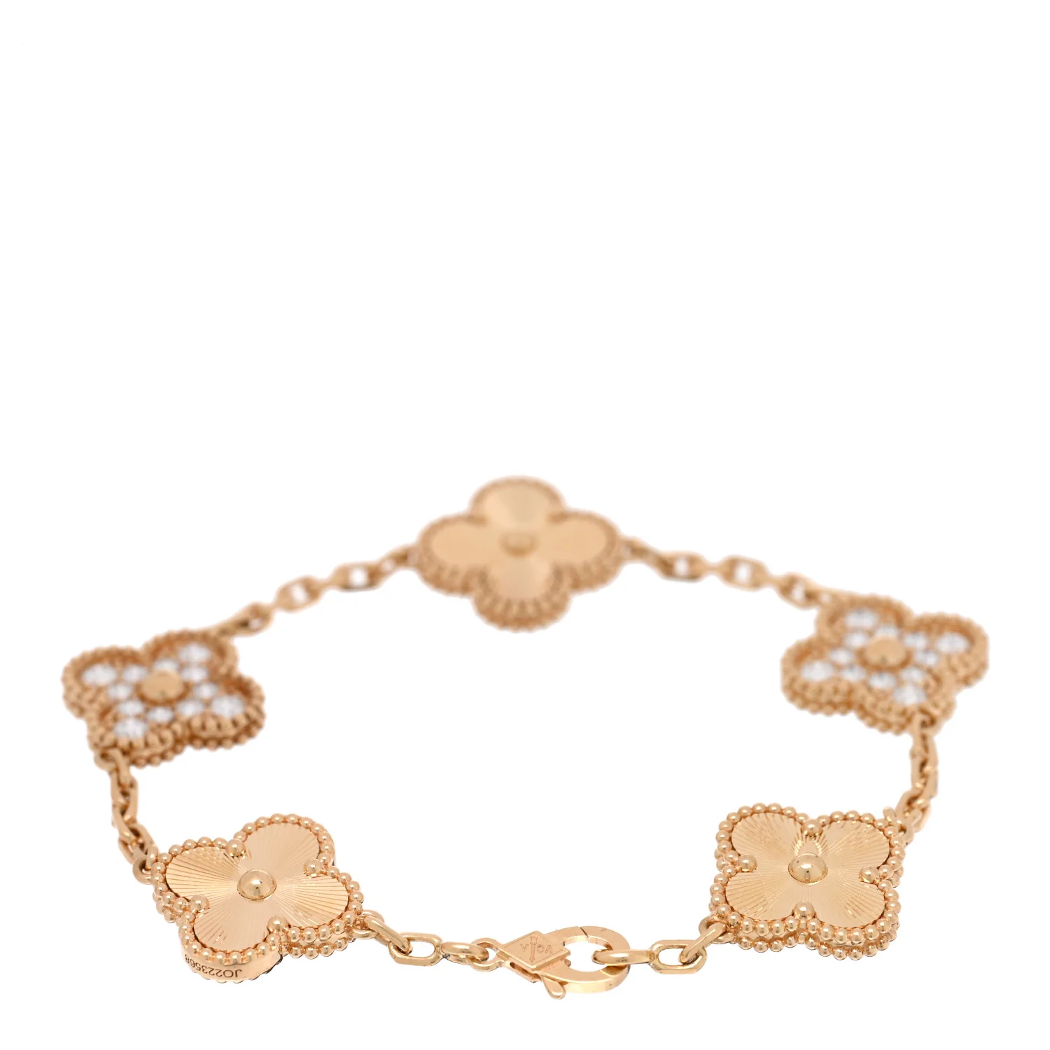 18K Yellow Gold Diamond 5 Motifs Guilloche Vintage Alhambra Bracelet - Image 2