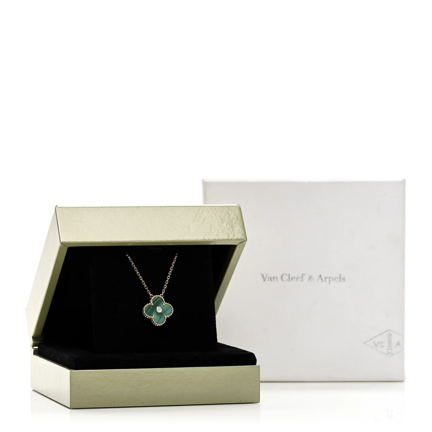 18K Yellow Gold Diamond Malachite Vintage Alhambra Pendant Necklace - Image 6