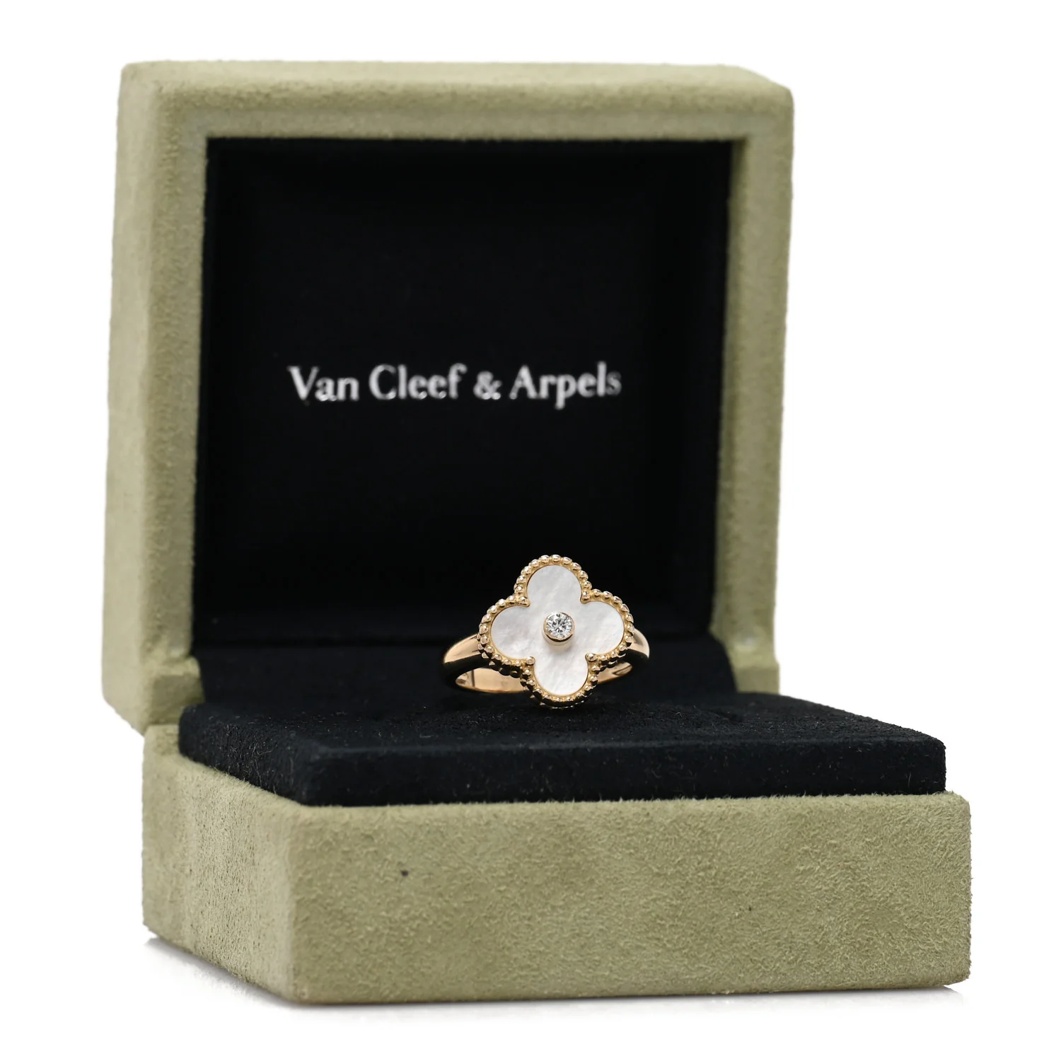 18K Yellow Gold Diamond Mother of Pearl Vintage Alhambra Ring 53 6.25 - Image 5