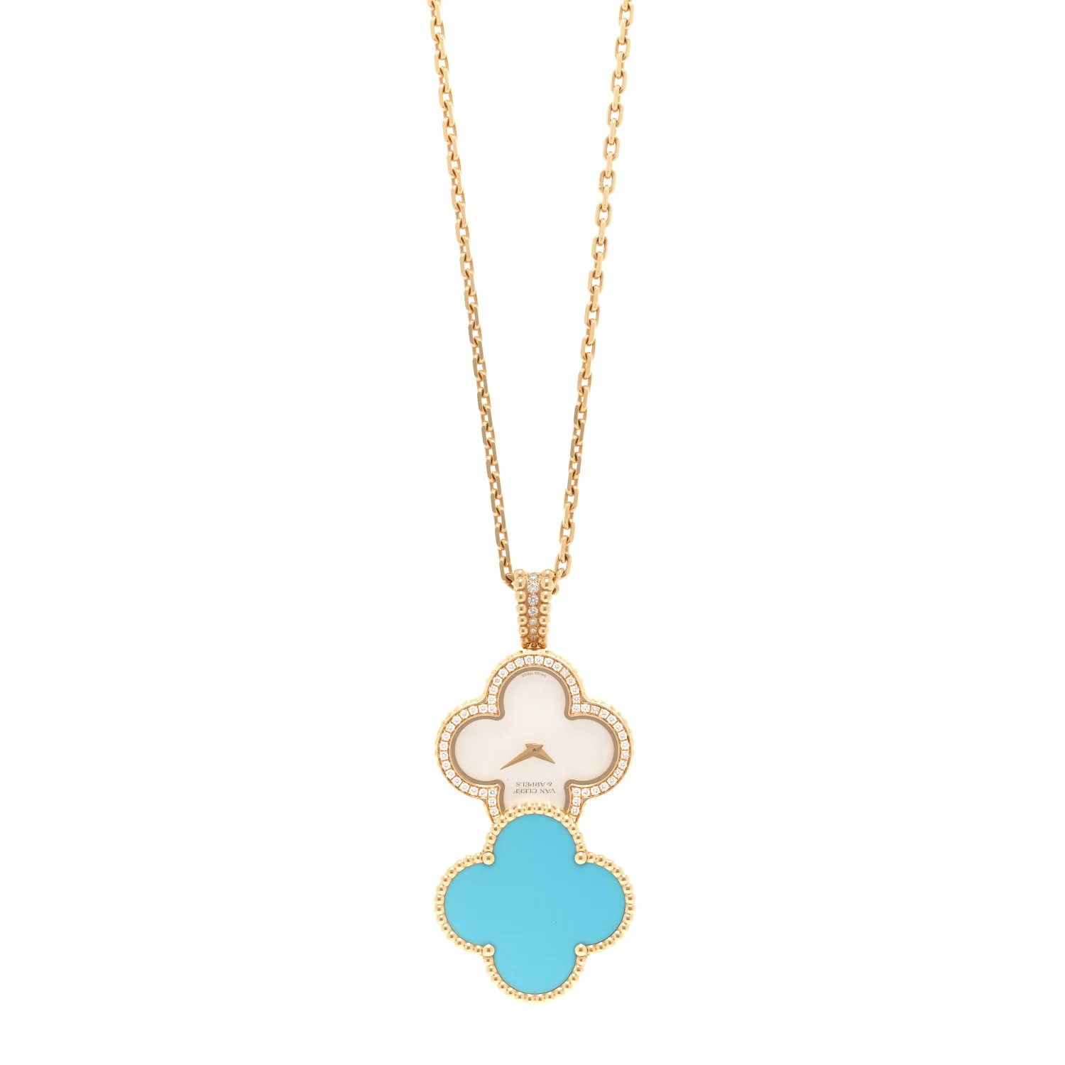 18K Yellow Gold Diamond Turquoise Mother of Pearl 28mm Alhambra Secret Pendant Quartz Watch