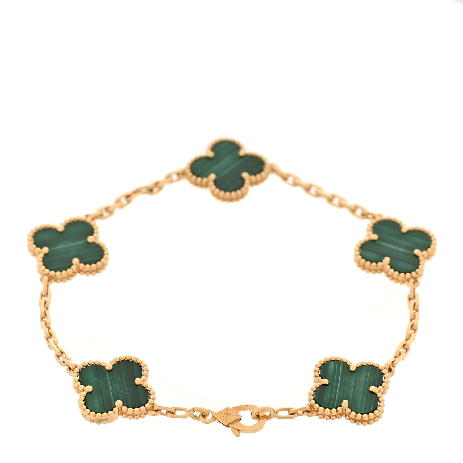 18K Yellow Gold Malachite 5 Motifs Vintage Alhambra Bracelet - Image 2