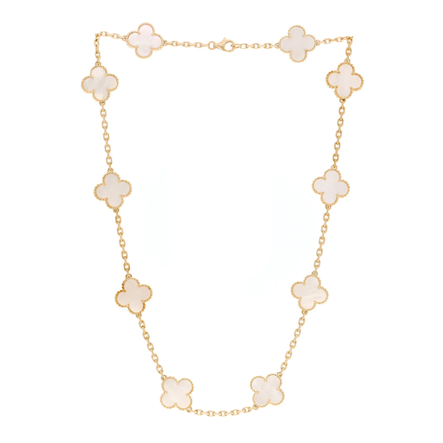 18K Yellow Gold Mother of Pearl 10 Motifs Vintage Alhambra Necklace - Image 3
