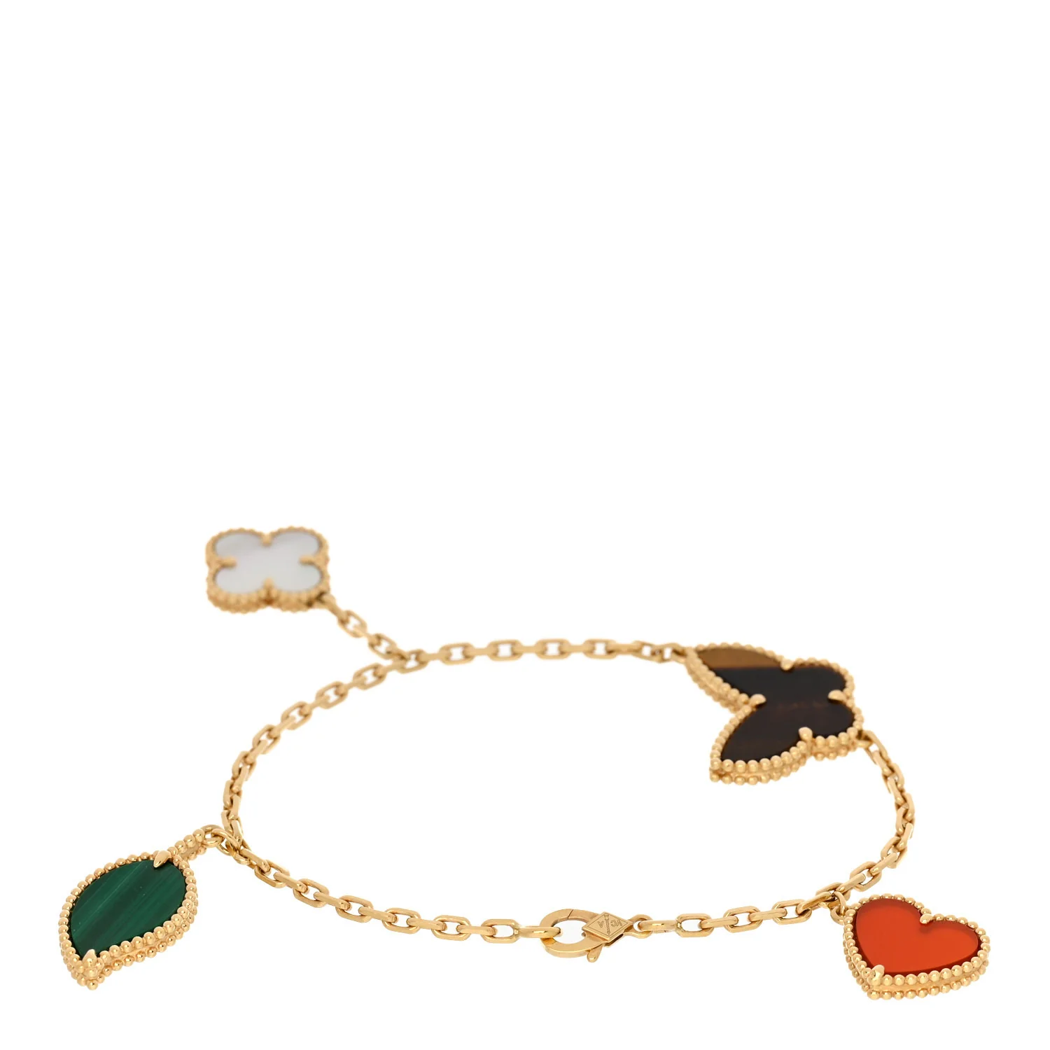 18K Yellow Gold Mother of Pearl Malachite Carnelian Tiger Eye 4 Motifs Lucky Alhambra Bracelet - Image 2
