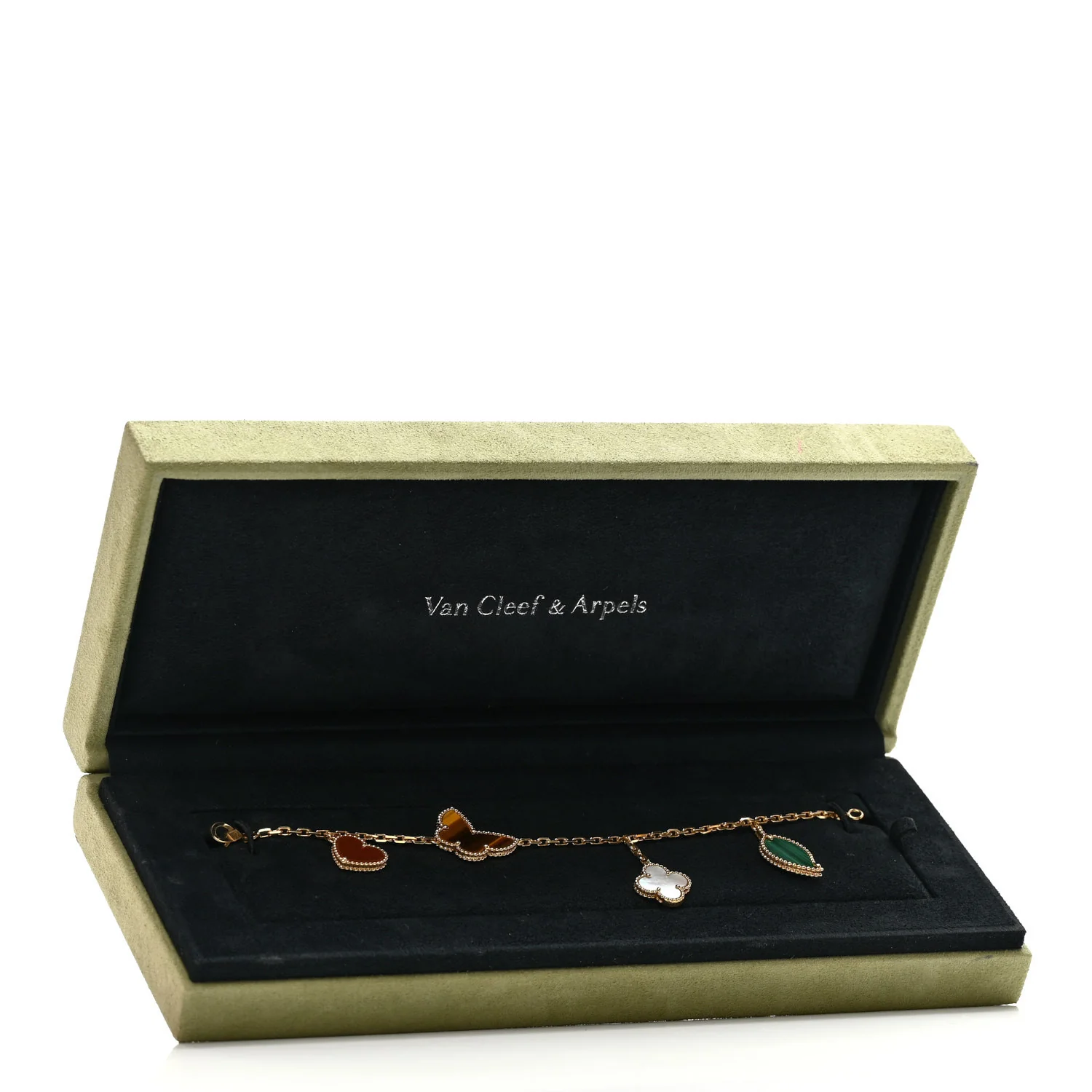 18K Yellow Gold Mother of Pearl Malachite Carnelian Tiger Eye 4 Motifs Lucky Alhambra Bracelet - Image 4