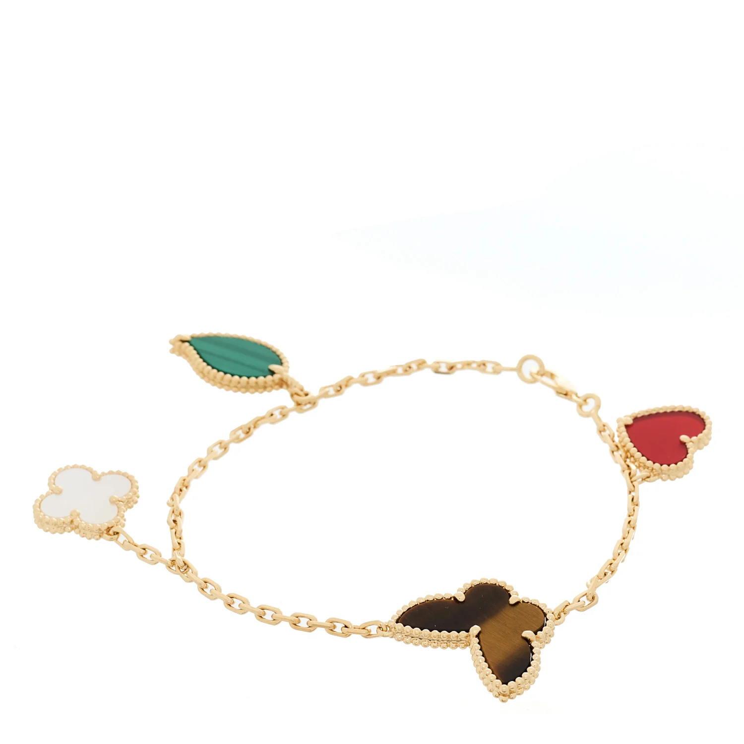 18K Yellow Gold Mother of Pearl Malachite Carnelian Tiger Eye 4 Motifs Lucky Alhambra Bracelet - Image 2