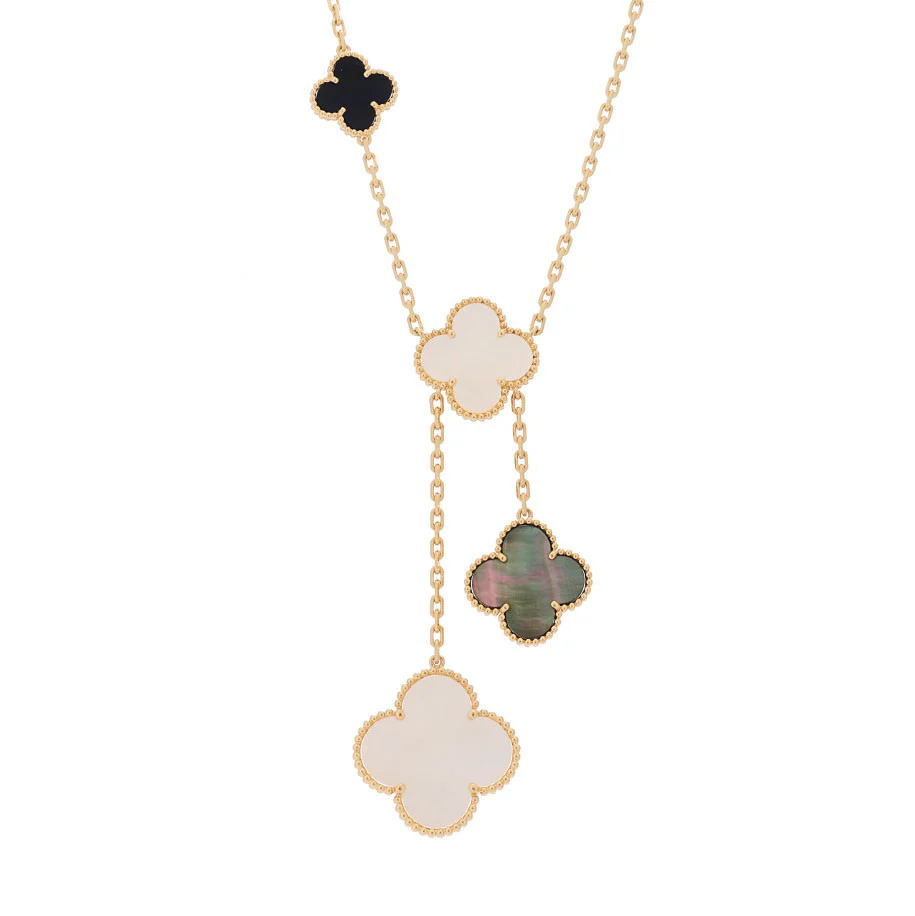 18K Yellow Gold Mother of Pearl Onyx 6 Motifs Magic Alhambra Necklace