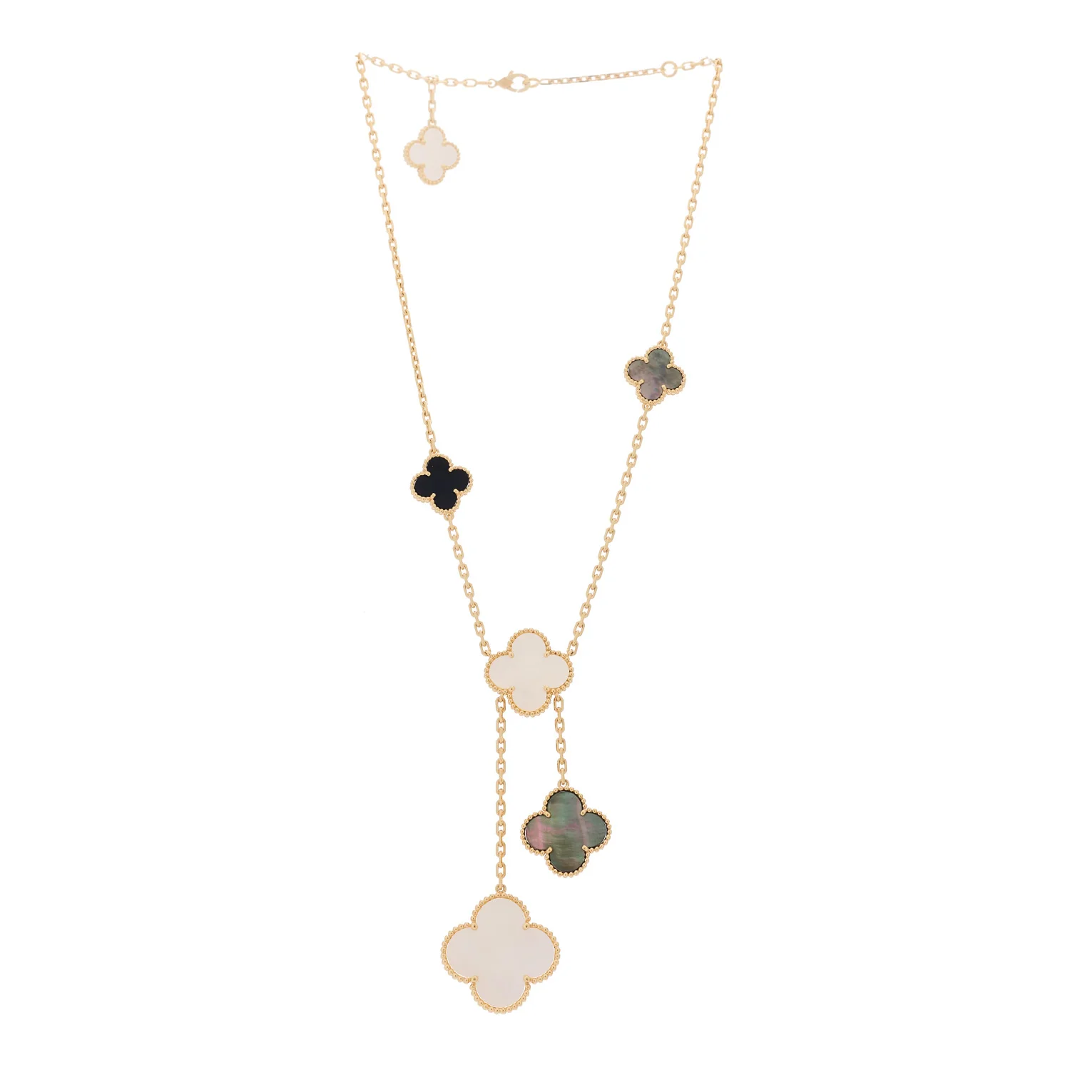 18K Yellow Gold Mother of Pearl Onyx 6 Motifs Magic Alhambra Necklace - Image 3