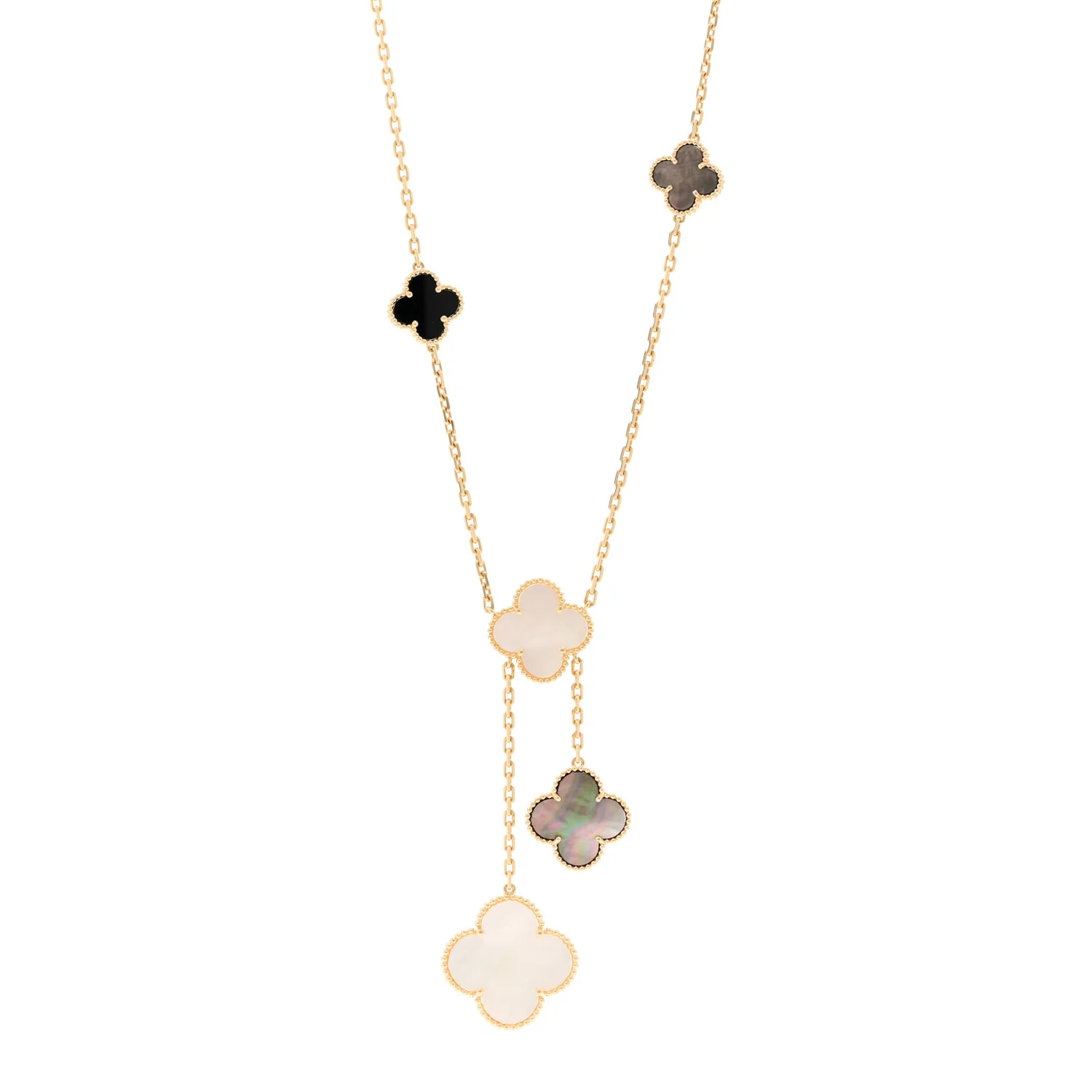 18K Yellow Gold Mother of Pearl Onyx 6 Motifs Magic Alhambra Necklace
