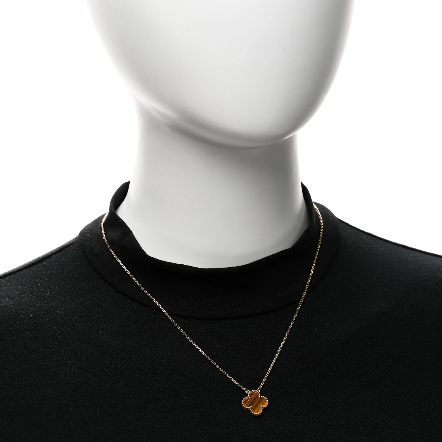 18K Yellow Gold Tiger Eye Vintage Alhambra Pendant Necklace - Image 2