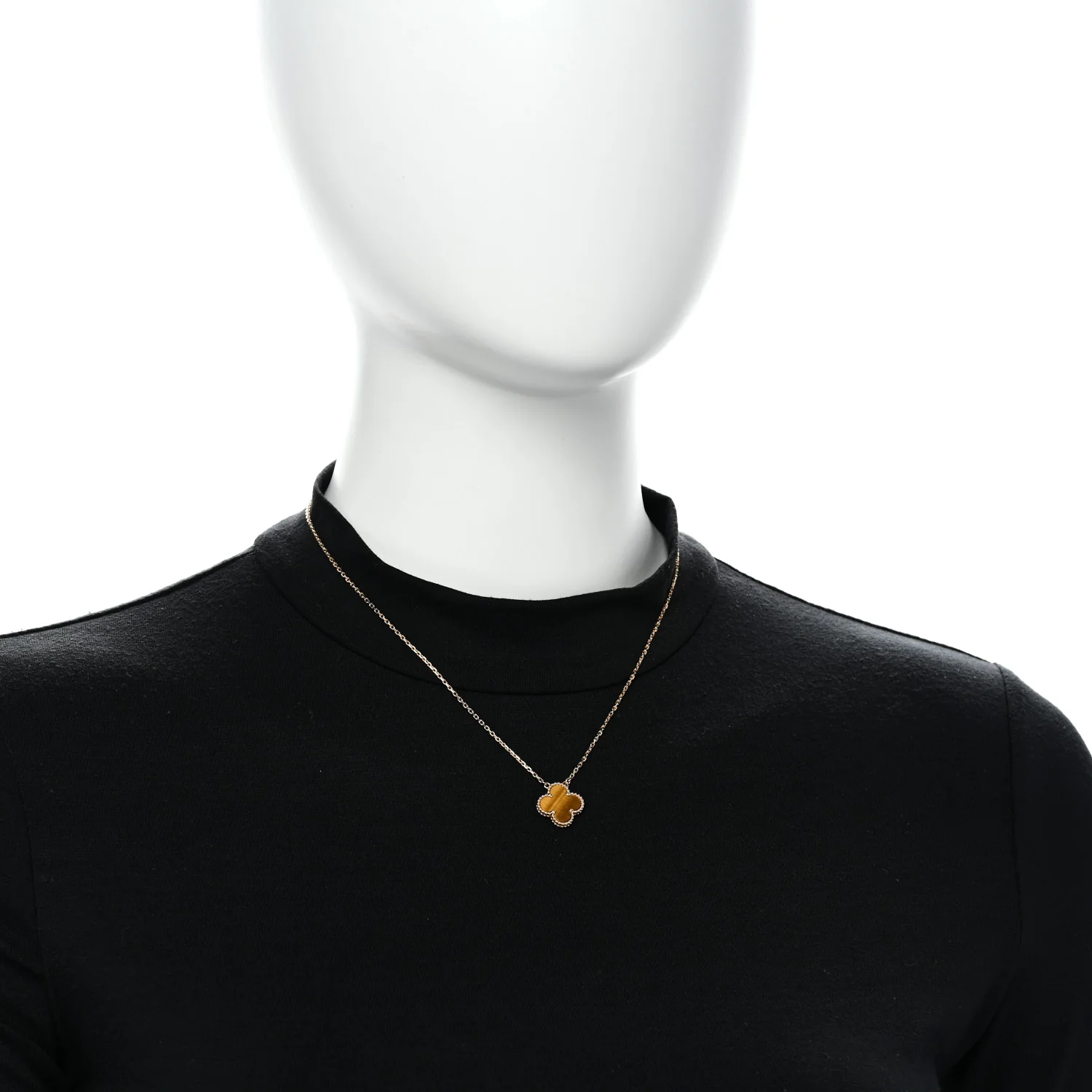 18K Yellow Gold Tiger Eye Vintage Alhambra Pendant Necklace - Image 2