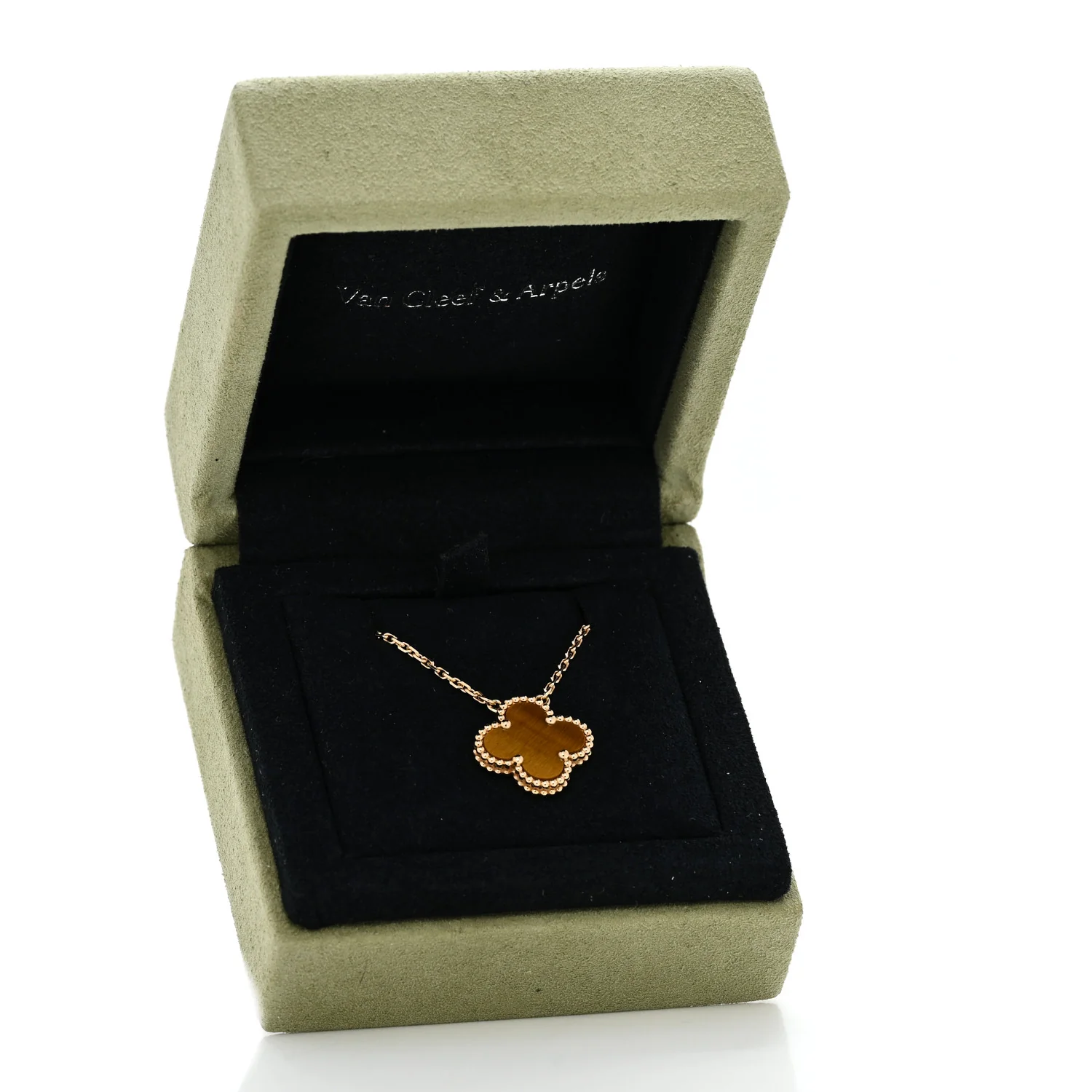 18K Yellow Gold Tiger Eye Vintage Alhambra Pendant Necklace - Image 6