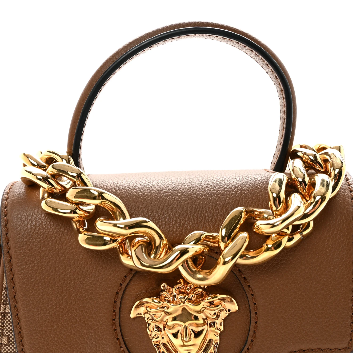Calfskin Canvas Allover La Medusa Small Top Handle Handbag Brown - Image 7