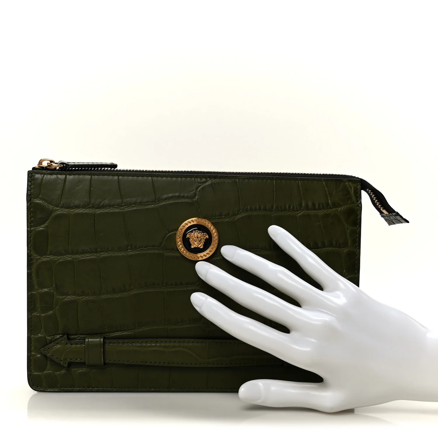 Calfskin Crocodile Embossed La Medusa Pouch Dark Olive - Image 2
