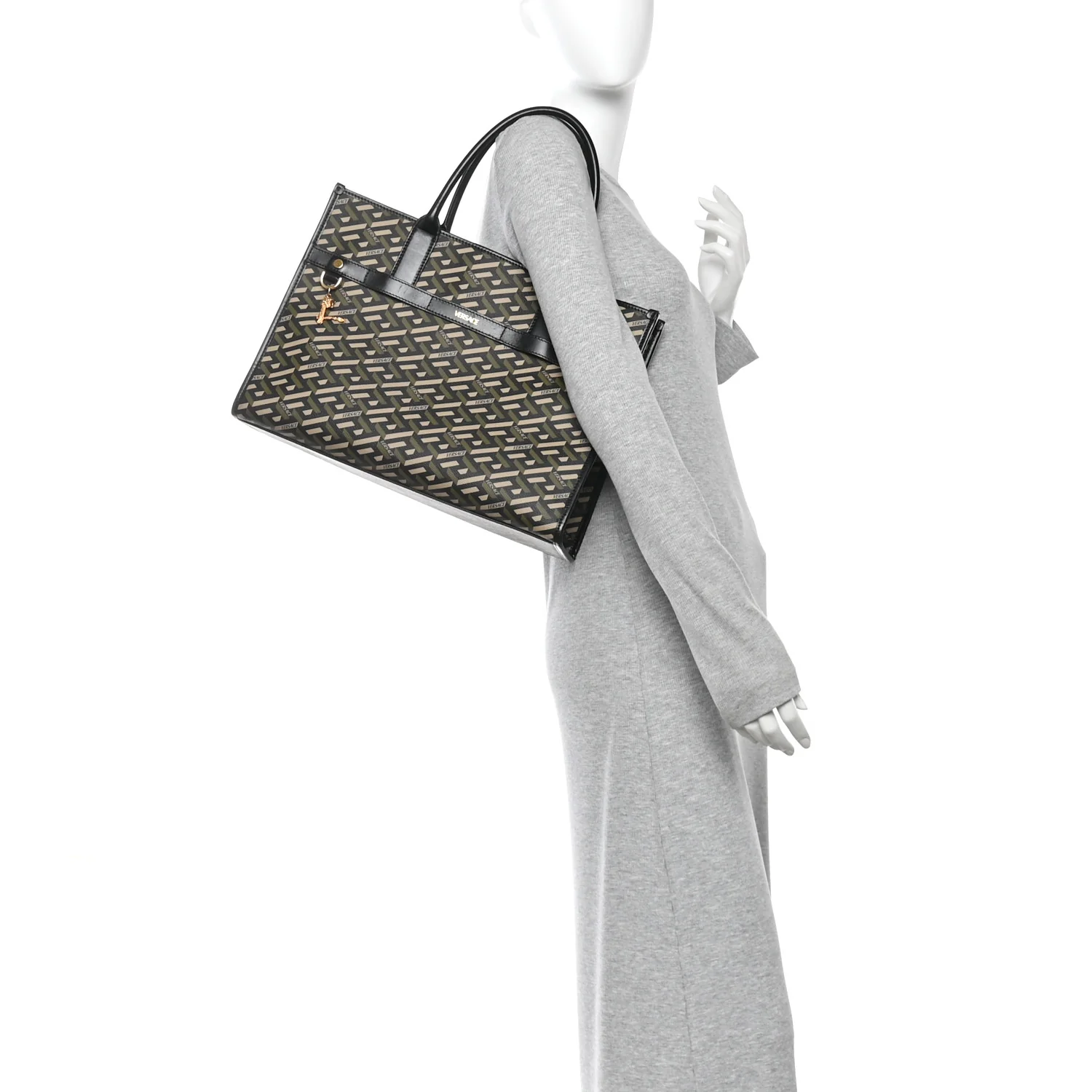 Coated Canvas Calfskin La Greca Signature Tote Bag Black Khaki - Image 2