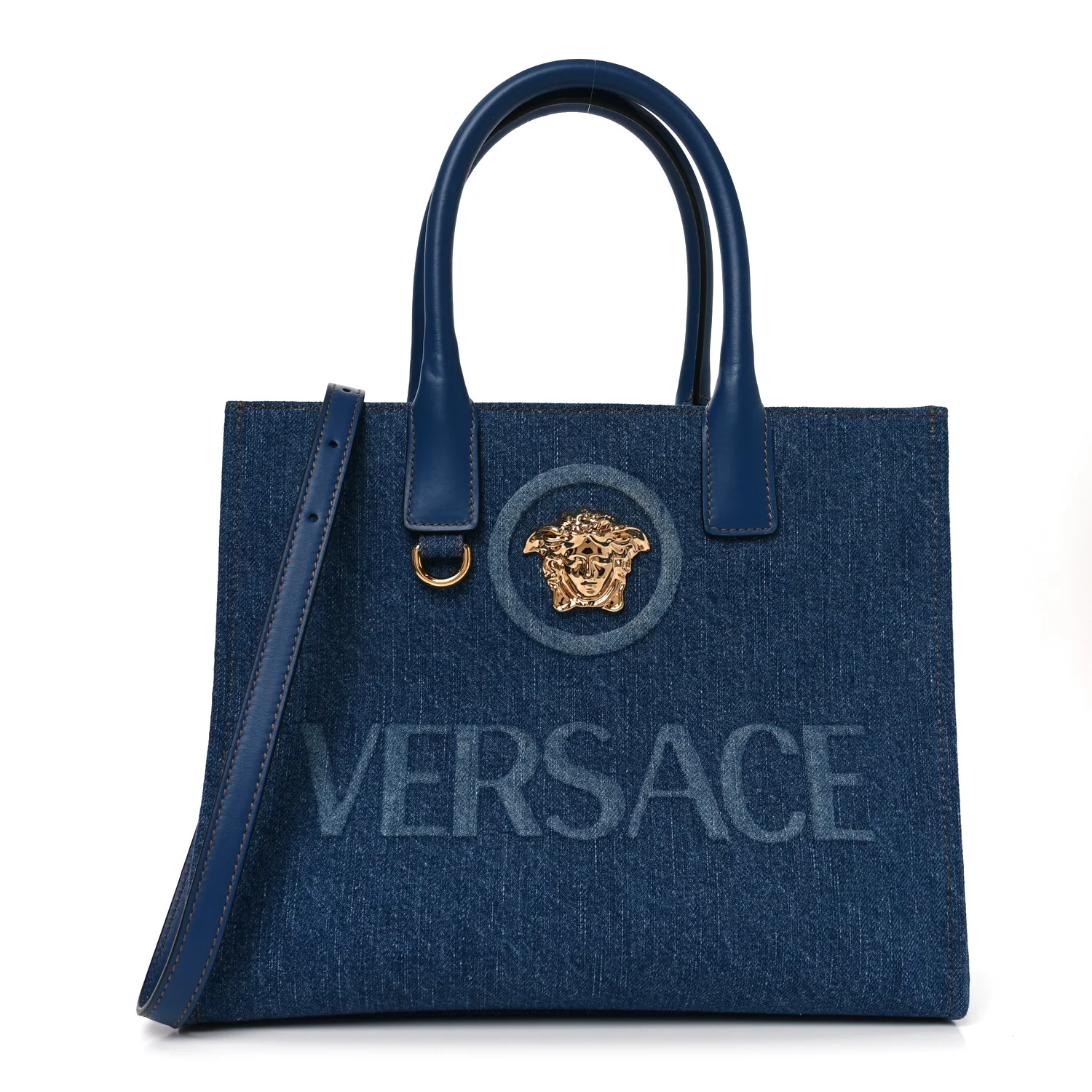 Denim Calfskin La Medusa Small Tote Bag Blue