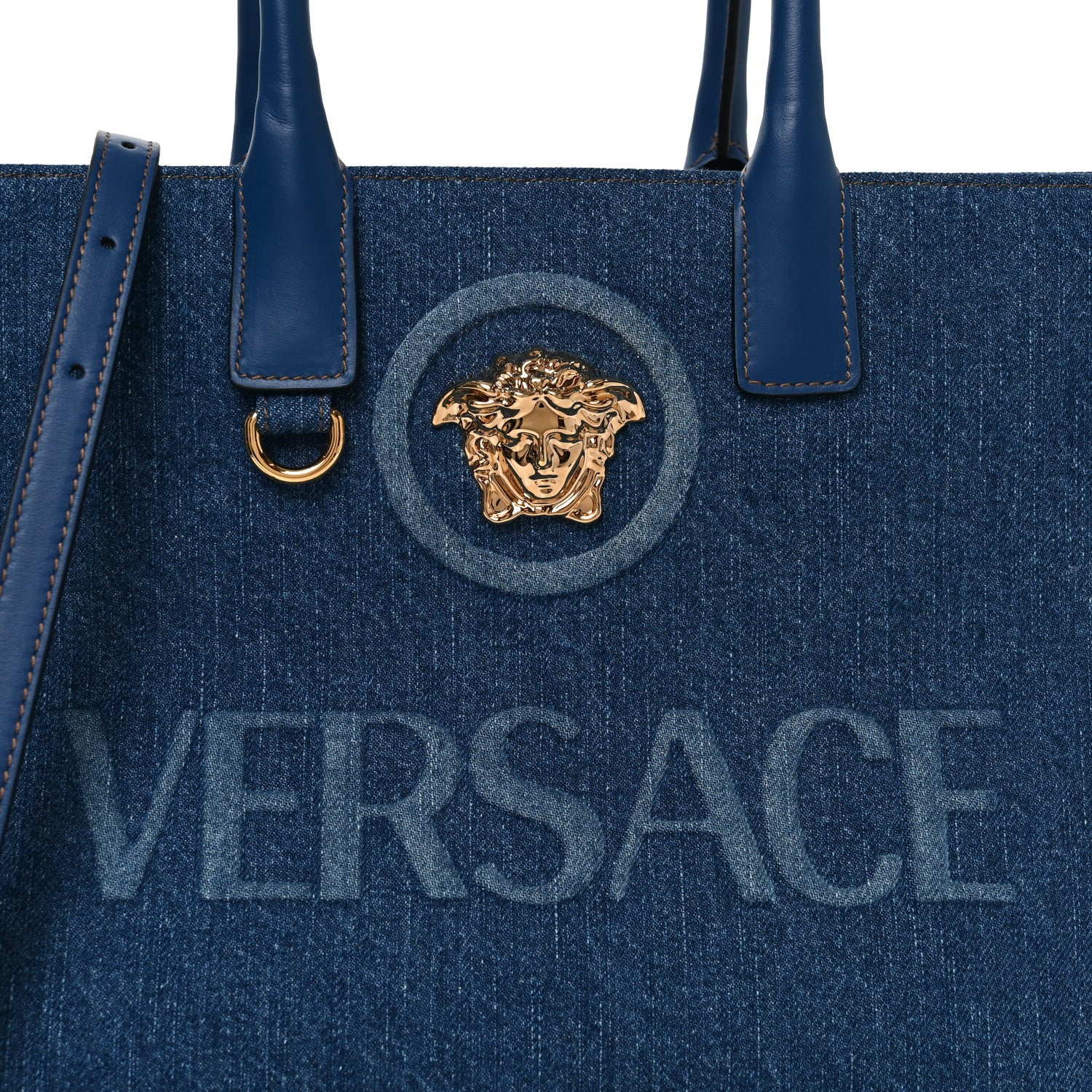 Denim Calfskin La Medusa Small Tote Bag Blue - Image 7