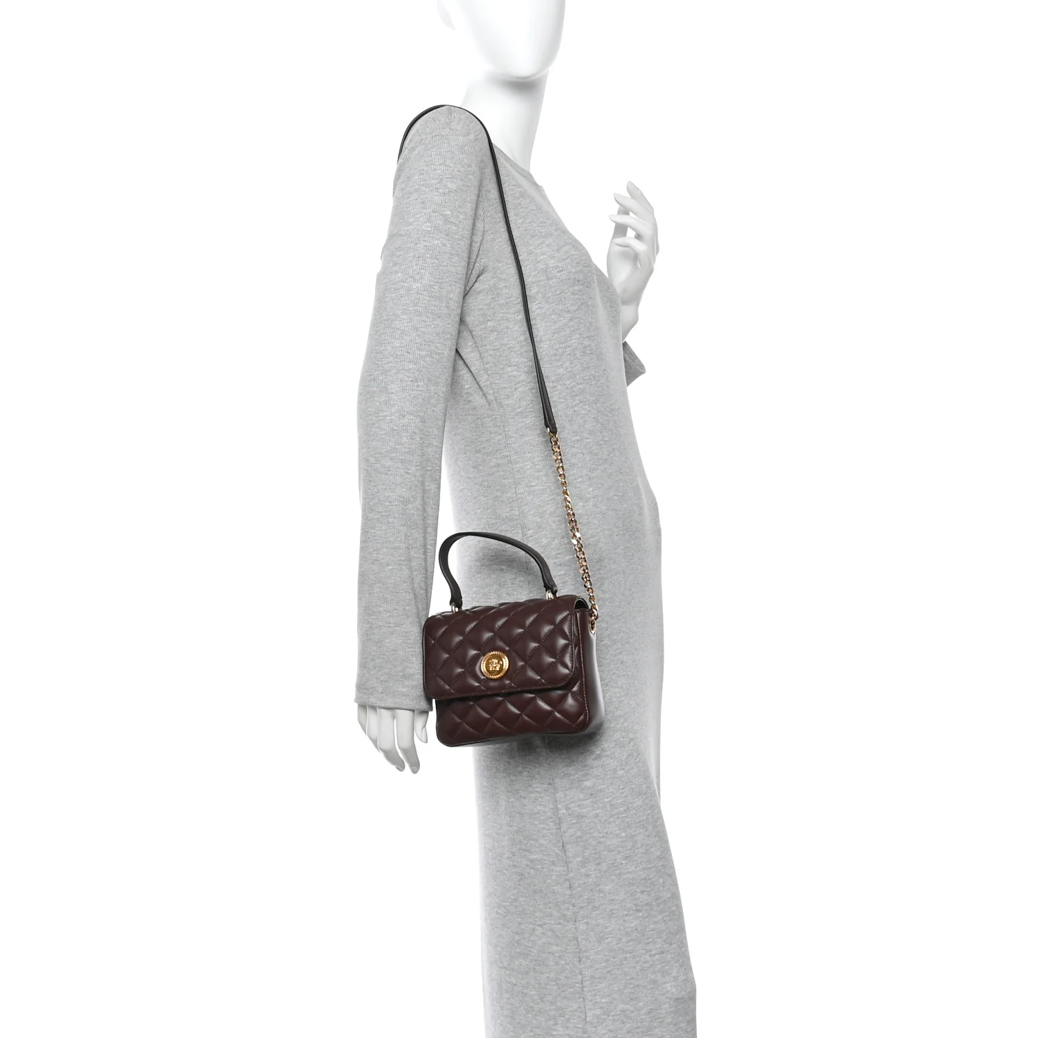 Nappa Quilted Medusa Top Handle Crossbody Flap Dark Brown - Image 2