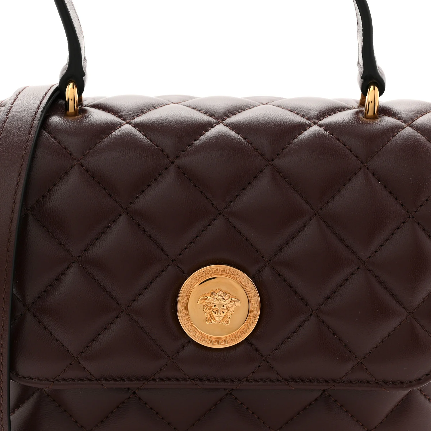 Nappa Quilted Medusa Top Handle Crossbody Flap Dark Brown - Image 7