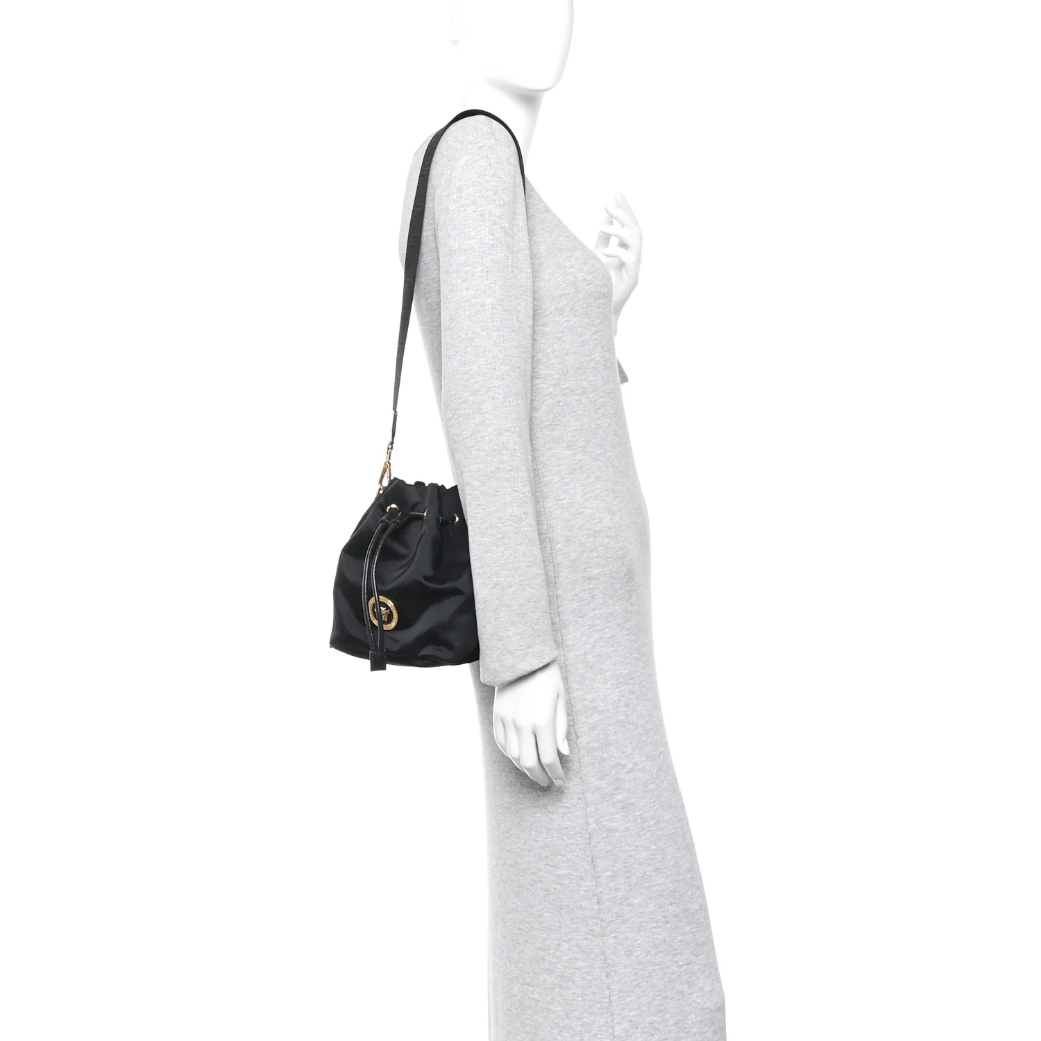 Nylon Medusa Drawstring Bucket Bag Black - Image 3