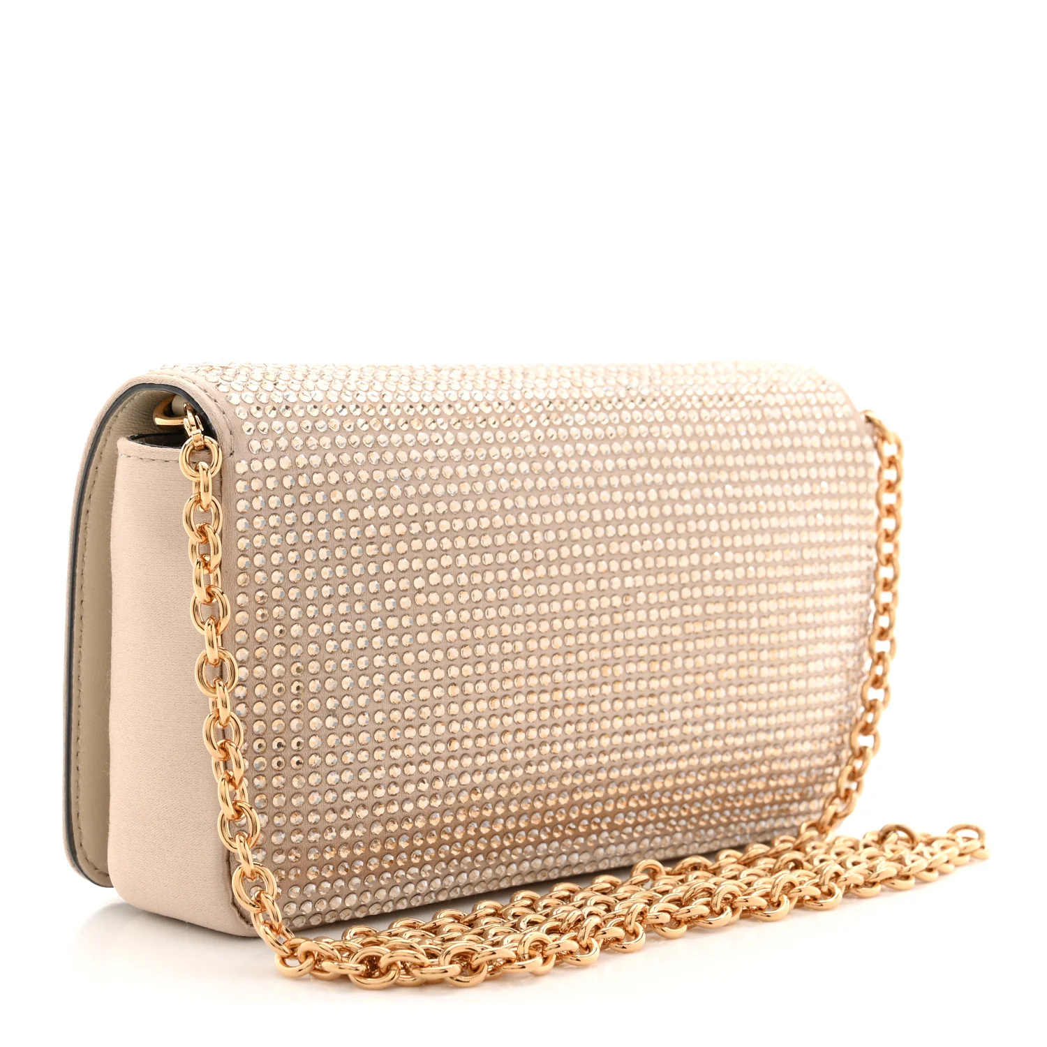 Satin Crystal Medusa Chain Clutch Beige - Image 3