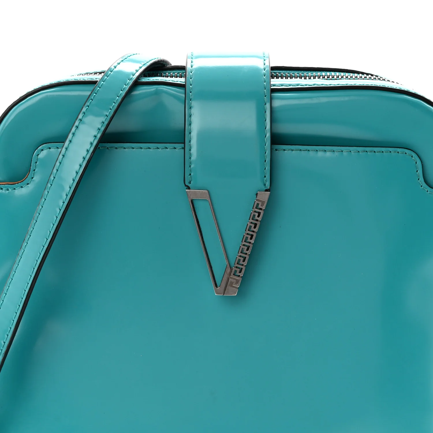 Shiny Calfskin V Greca Messenger Bag Teal - Image 7