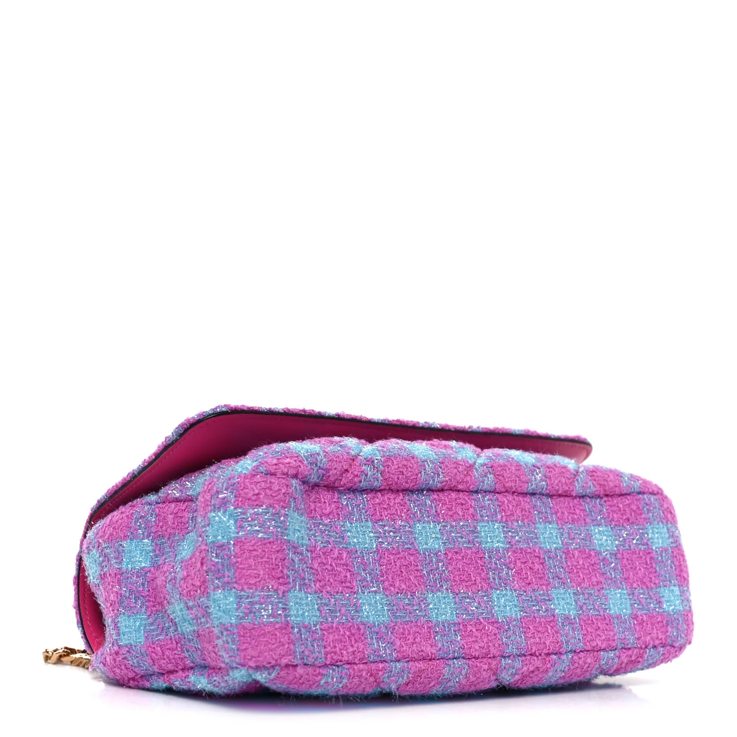 Tweed Quilted Medusa Medium Chain Crossbody Pink Blue - Image 4