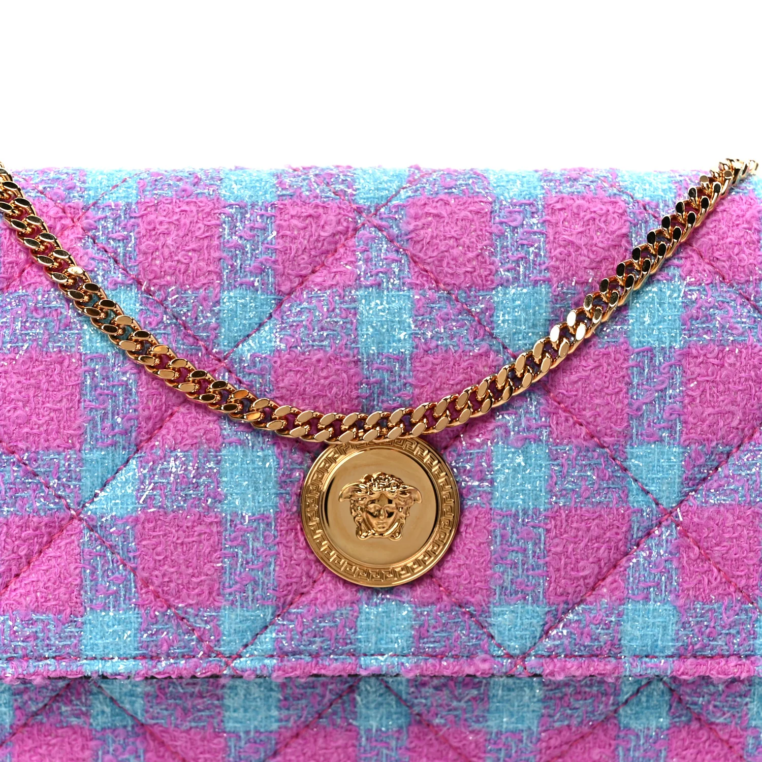 Tweed Quilted Medusa Wallet on Chain Crossbody Pink Blue - Image 9